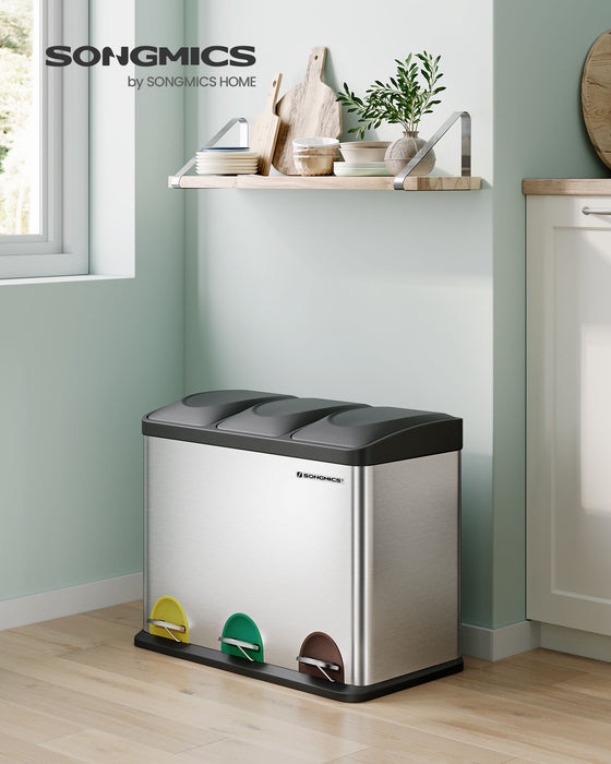 AUSLAUF SONGMICS | Recycling Bin, Pedal Bin, 45-Litre Metal Rubbish Bin, Waste Separation System Dustbin for Kitchen, Durable, 3 x 15 Litres, Stainless Steel, Silver und Black LTB45L