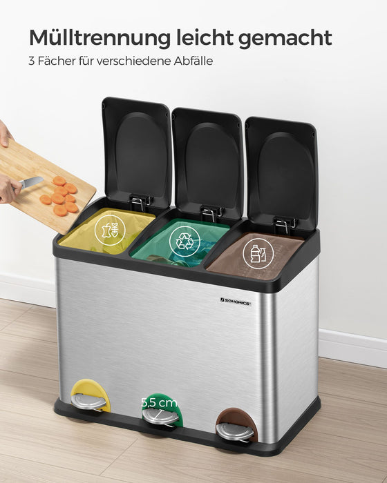 AUSLAUF SONGMICS | Recycling Bin, Pedal Bin, 45-Litre Metal Rubbish Bin, Waste Separation System Dustbin for Kitchen, Durable, 3 x 15 Litres, Stainless Steel, Silver und Black LTB45L