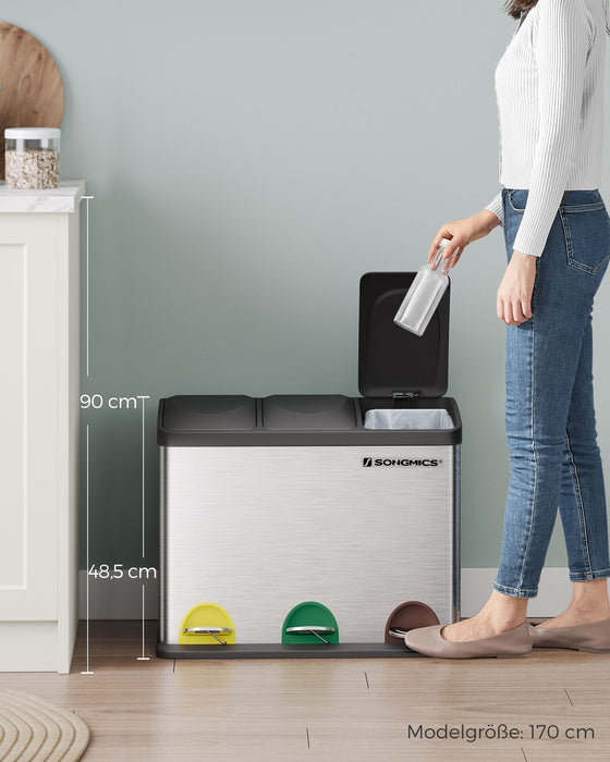AUSLAUF SONGMICS | Recycling Bin, Pedal Bin, 45-Litre Metal Rubbish Bin, Waste Separation System Dustbin for Kitchen, Durable, 3 x 15 Litres, Stainless Steel, Silver und Black LTB45L