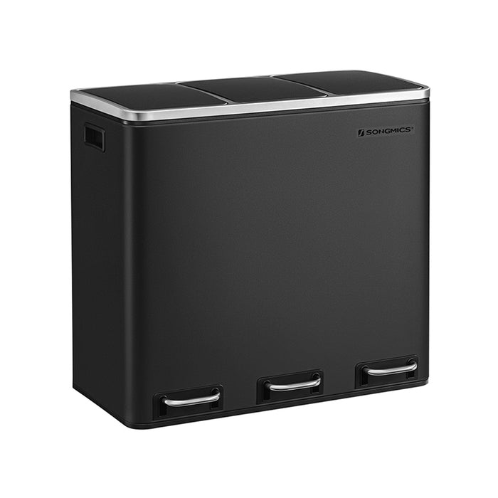 AUSLAUF SONGMICS | Recycling Bin, 3 x 18 L Triple Kitchen Bin, 3 Compartment Pedal Bin with Soft-Close Lids, Plastic Inner Buckets, und Handles, Black LTB54BK