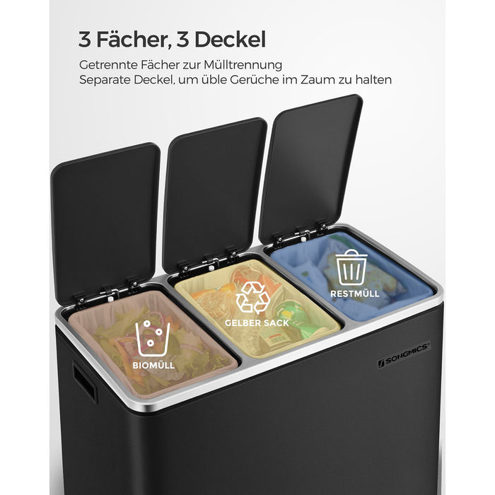 AUSLAUF SONGMICS | Recycling Bin, 3 x 18 L Triple Kitchen Bin, 3 Compartment Pedal Bin with Soft-Close Lids, Plastic Inner Buckets, und Handles, Black LTB54BK