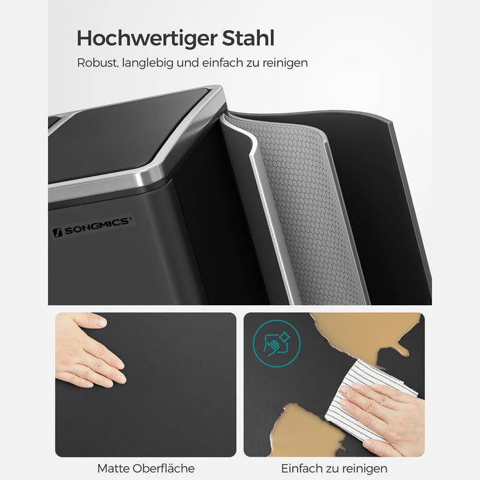 AUSLAUF SONGMICS | Recycling Bin, 3 x 18 L Triple Kitchen Bin, 3 Compartment Pedal Bin with Soft-Close Lids, Plastic Inner Buckets, und Handles, Black LTB54BK