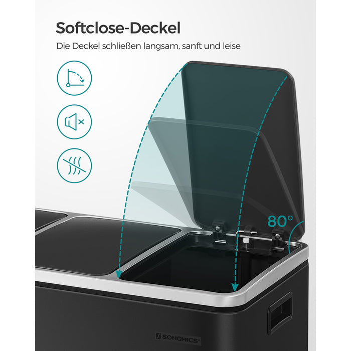 AUSLAUF SONGMICS | Recycling Bin, 3 x 18 L Triple Kitchen Bin, 3 Compartment Pedal Bin with Soft-Close Lids, Plastic Inner Buckets, und Handles, Black LTB54BK
