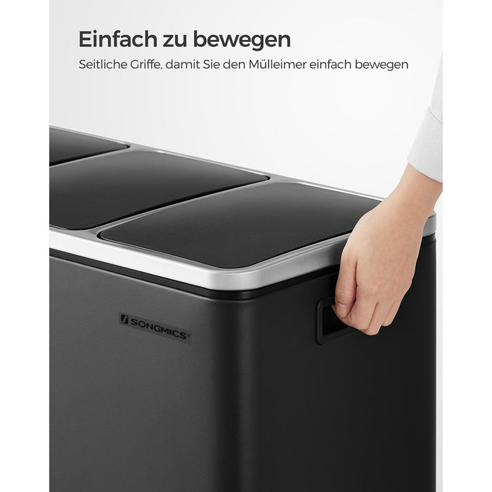 AUSLAUF SONGMICS | Recycling Bin, 3 x 18 L Triple Kitchen Bin, 3 Compartment Pedal Bin with Soft-Close Lids, Plastic Inner Buckets, und Handles, Black LTB54BK