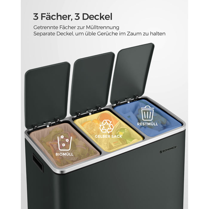 AUSLAUF SONGMICS | Recycling Bin, 3 x 18 L Triple Kitchen Bin, 3 Compartment Pedal Bin with Soft-Close Lids, Plastic Inner Buckets, und Handles, Anthracite grau LTB54GS