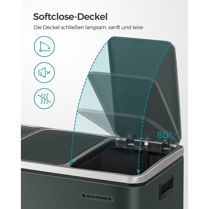 AUSLAUF SONGMICS | Recycling Bin, 3 x 18 L Triple Kitchen Bin, 3 Compartment Pedal Bin with Soft-Close Lids, Plastic Inner Buckets, und Handles, Anthracite grau LTB54GS