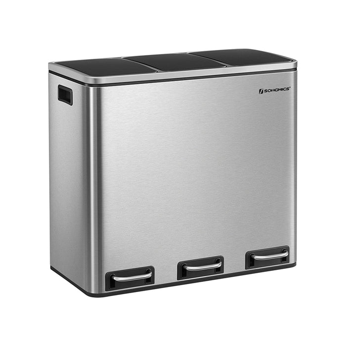 AUSLAUF SONGMICS | Recycling Bin, 3 x 18 L Triple Kitchen Bin, 3 Compartment Pedal Bin with Soft-Close Lids, Plastic Inner Buckets, und Handles, Silver und Black LTB54NL