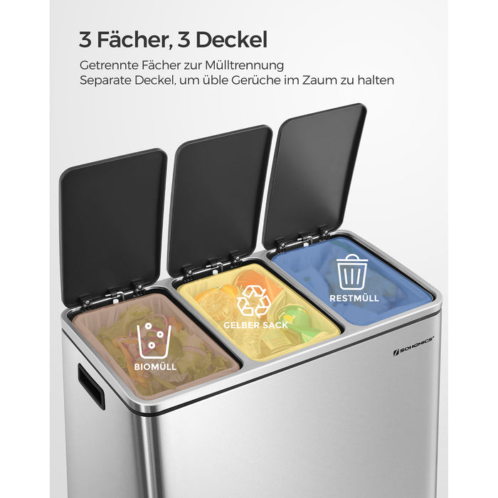 AUSLAUF SONGMICS | Recycling Bin, 3 x 18 L Triple Kitchen Bin, 3 Compartment Pedal Bin with Soft-Close Lids, Plastic Inner Buckets, und Handles, Silver und Black LTB54NL