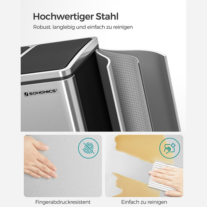 AUSLAUF SONGMICS | Recycling Bin, 3 x 18 L Triple Kitchen Bin, 3 Compartment Pedal Bin with Soft-Close Lids, Plastic Inner Buckets, und Handles, Silver und Black LTB54NL