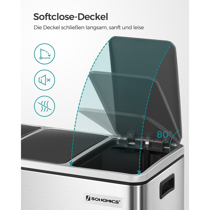 AUSLAUF SONGMICS | Recycling Bin, 3 x 18 L Triple Kitchen Bin, 3 Compartment Pedal Bin with Soft-Close Lids, Plastic Inner Buckets, und Handles, Silver und Black LTB54NL