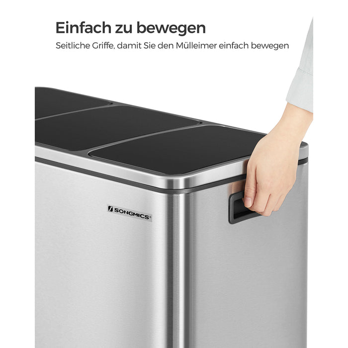 AUSLAUF SONGMICS | Recycling Bin, 3 x 18 L Triple Kitchen Bin, 3 Compartment Pedal Bin with Soft-Close Lids, Plastic Inner Buckets, und Handles, Silver und Black LTB54NL