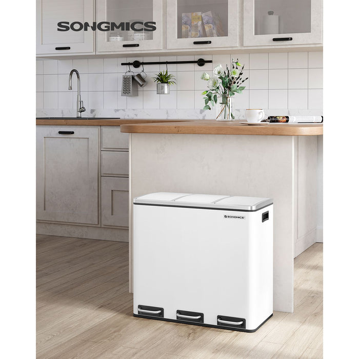 AUSLAUF SONGMICS | Recycling Bin, 3 x 18 L Triple Kitchen Bin, 3 Compartment Pedal Bin with Soft-Close Lids, Plastic Inner Buckets, und Handles, weiß LTB54WT