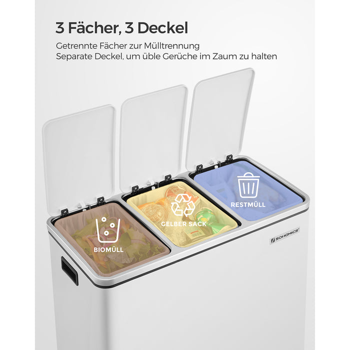 AUSLAUF SONGMICS | Recycling Bin, 3 x 18 L Triple Kitchen Bin, 3 Compartment Pedal Bin with Soft-Close Lids, Plastic Inner Buckets, und Handles, weiß LTB54WT