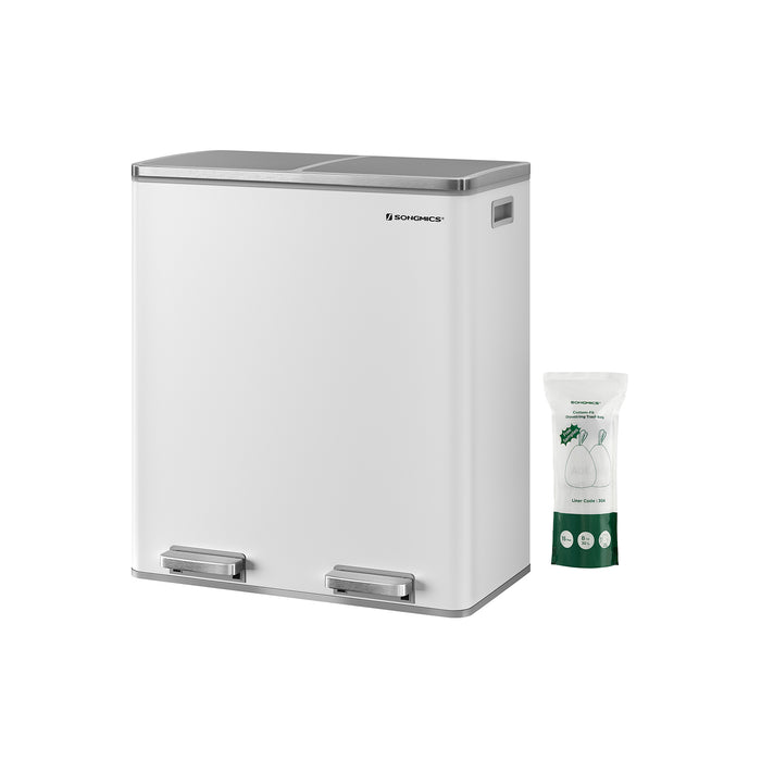 AUSLAUF SONGMICS | Double Rubbish Bin, 2 x 30 L Dual Compartment Kitchen Bin with 15 Rubbish Bags, Metal Pedal Bin with Plastic Inner Buckets und Lids, Soft Close, Odour Seal, weiß und Silver LTB60WT