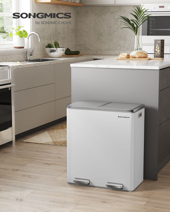 AUSLAUF SONGMICS | Double Rubbish Bin, 2 x 30 L Dual Compartment Kitchen Bin with 15 Rubbish Bags, Metal Pedal Bin with Plastic Inner Buckets und Lids, Soft Close, Odour Seal, weiß und Silver LTB60WT