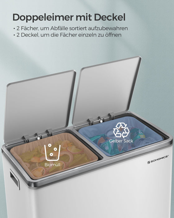 AUSLAUF SONGMICS | Double Rubbish Bin, 2 x 30 L Dual Compartment Kitchen Bin with 15 Rubbish Bags, Metal Pedal Bin with Plastic Inner Buckets und Lids, Soft Close, Odour Seal, weiß und Silver LTB60WT