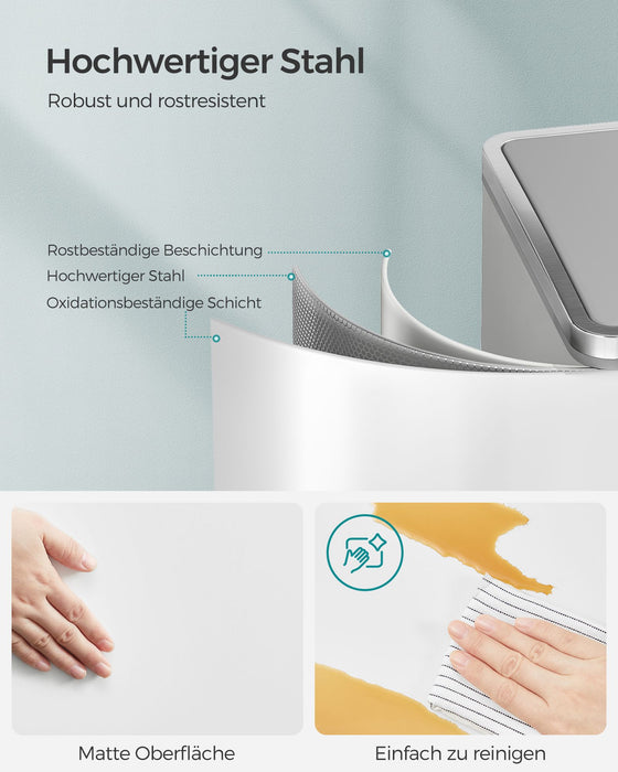 AUSLAUF SONGMICS | Double Rubbish Bin, 2 x 30 L Dual Compartment Kitchen Bin with 15 Rubbish Bags, Metal Pedal Bin with Plastic Inner Buckets und Lids, Soft Close, Odour Seal, weiß und Silver LTB60WT