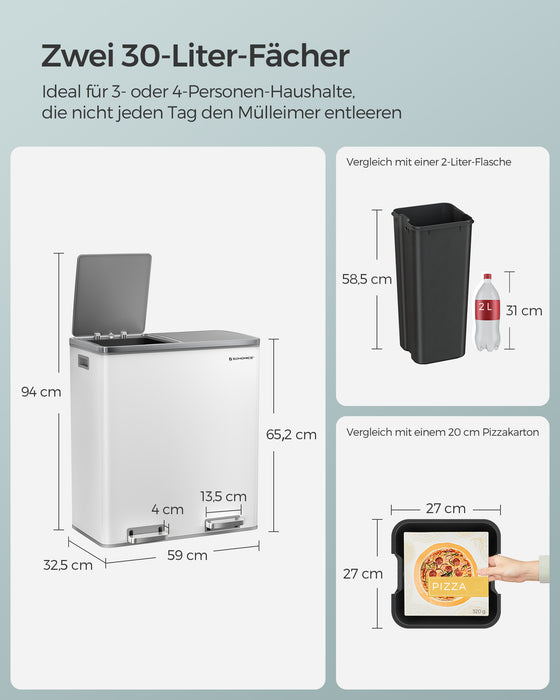 AUSLAUF SONGMICS | Double Rubbish Bin, 2 x 30 L Dual Compartment Kitchen Bin with 15 Rubbish Bags, Metal Pedal Bin with Plastic Inner Buckets und Lids, Soft Close, Odour Seal, weiß und Silver LTB60WT