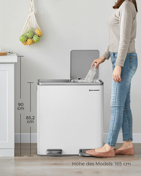 AUSLAUF SONGMICS | Double Rubbish Bin, 2 x 30 L Dual Compartment Kitchen Bin with 15 Rubbish Bags, Metal Pedal Bin with Plastic Inner Buckets und Lids, Soft Close, Odour Seal, weiß und Silver LTB60WT