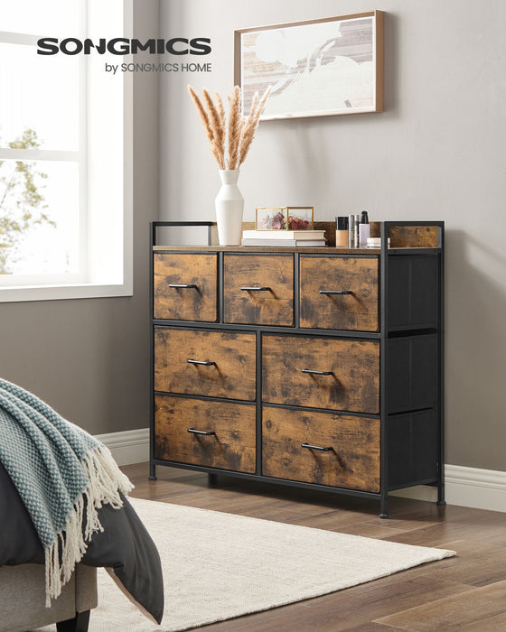 AUSLAUF SONGMICS | Fabric Chest of Drawers, Bedroom Storage Unit, Cabinet Dresser with 7 Drawers, with Metal Frame und Handles, Industrial, rustikal braun und Black LTS137B01