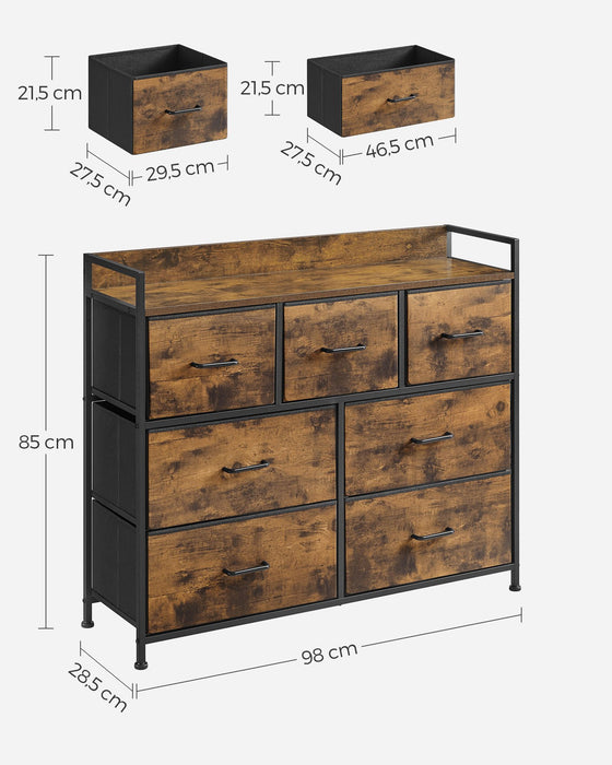 AUSLAUF SONGMICS | Fabric Chest of Drawers, Bedroom Storage Unit, Cabinet Dresser with 7 Drawers, with Metal Frame und Handles, Industrial, rustikal braun und Black LTS137B01