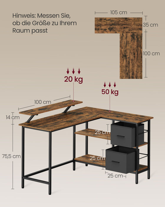 VASAGLE | L-förmiger Schreibtisch mit 2 Schubladen 135 x 105 cm