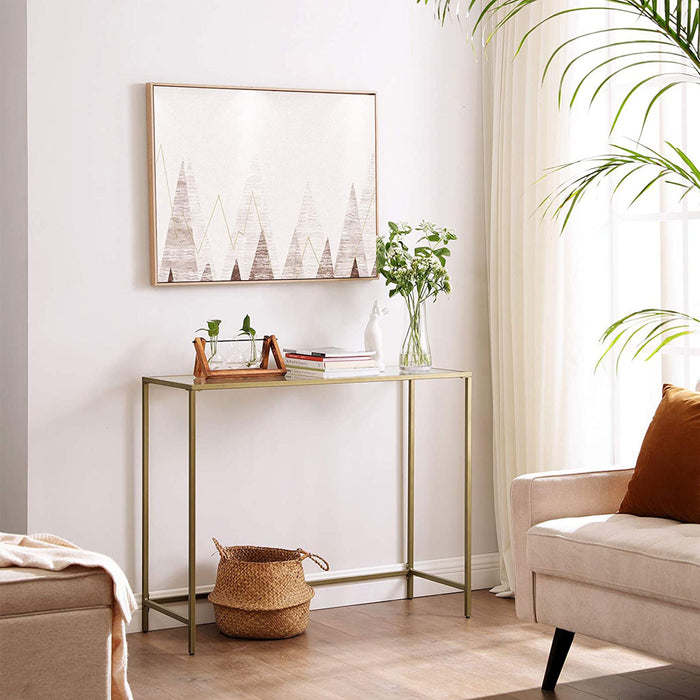 AUSLAUF VASAGLE | Console Table, Tempered Glass Table, Modern Sofa or Entryway Table, Metal Frame, Sturdy, Adjustable Feet, for Living Room, Hallway, Golden LGT26G
