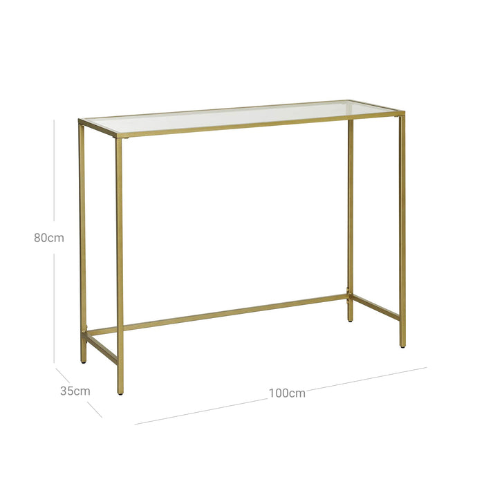AUSLAUF VASAGLE | Console Table, Tempered Glass Table, Modern Sofa or Entryway Table, Metal Frame, Sturdy, Adjustable Feet, for Living Room, Hallway, Golden LGT26G