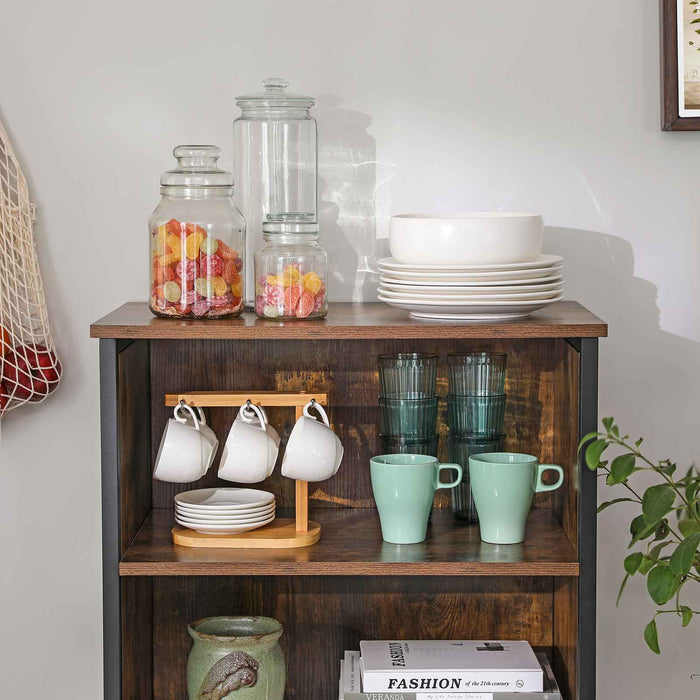 AUSLAUF VASAGLE | Floor Standing Cabinet, Storage Cabinet, Kitchen Cupboard with 2 Open Compartments, 1 Adjustable Shelf Behind Doors, Multifunctional, Industrial Style, rustikal braun und Black LSC66BX