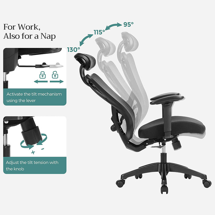 AUSLAUF SONGMICS | Office Chair, Ergonomic Desk Chair, Computer Chair, Mesh Chair, Adjustable Lumbar Support und Headrest, 150 kg, Height-Adjustable, Black OBN063B01