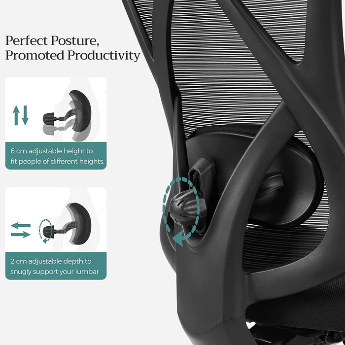 AUSLAUF SONGMICS | Office Chair, Ergonomic Desk Chair, Computer Chair, Mesh Chair, Adjustable Lumbar Support und Headrest, 150 kg, Height-Adjustable, Black OBN063B01
