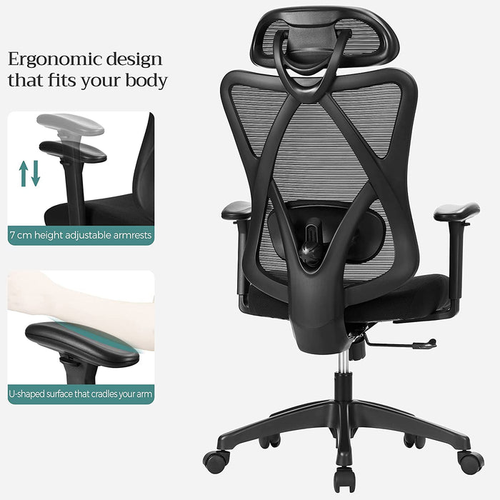 AUSLAUF SONGMICS | Office Chair, Ergonomic Desk Chair, Computer Chair, Mesh Chair, Adjustable Lumbar Support und Headrest, 150 kg, Height-Adjustable, Black OBN063B01