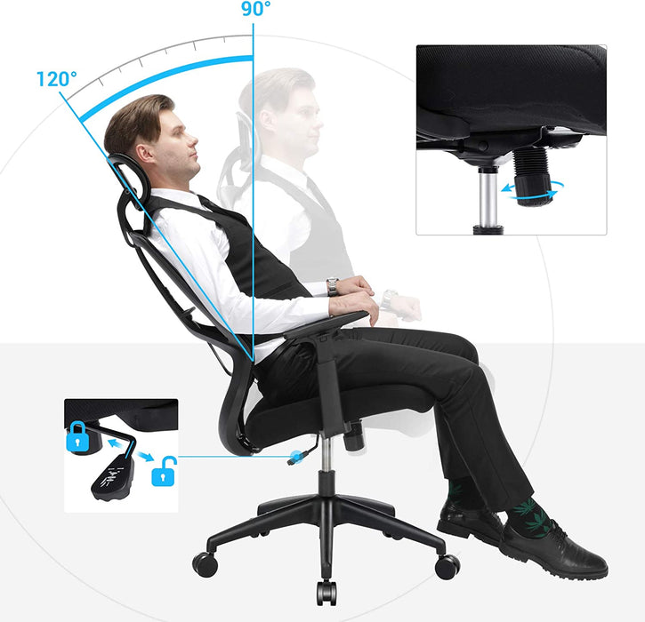 AUSLAUF SONGMICS | Ergonomic Office und Desk Chair with Lumbar Support, Swivel Computer Chair with Adjustable Headrest und Armrests, Rocker Function, und Height Adjustment, Black OBN53BK
