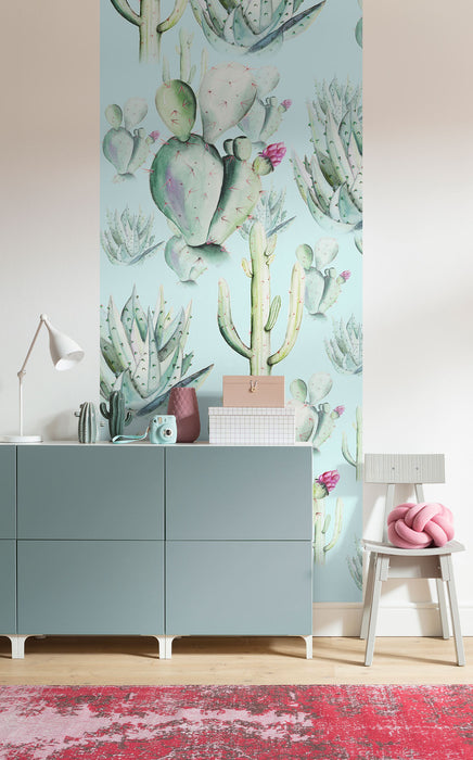 Digitaldruck Vlies Fototapete | Cactus Blue Panel | 100 x 250 cm