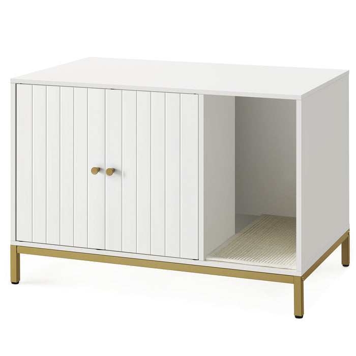 AUSLAUF FEANDREA | Katzenklo-Verkleidung, versteckt Katzenklo-Möbel mit Kratzmatte, hohe Beine, Katzenhaus, Beistelltisch, 80 x 50 x 55 cm, weiß und gold PCL007W01V1