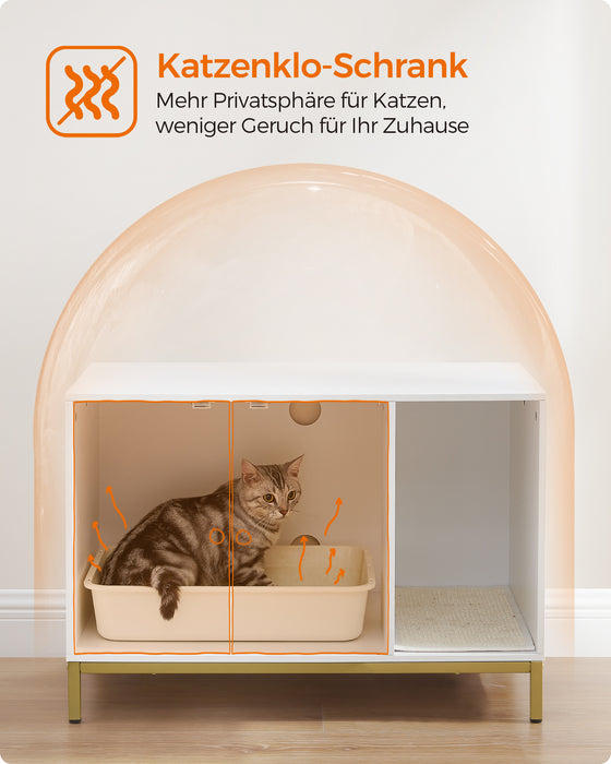 AUSLAUF FEANDREA | Katzenklo-Verkleidung, versteckt Katzenklo-Möbel mit Kratzmatte, hohe Beine, Katzenhaus, Beistelltisch, 80 x 50 x 55 cm, weiß und gold PCL007W01V1