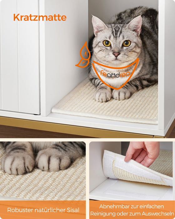 AUSLAUF FEANDREA | Katzenklo-Verkleidung, versteckt Katzenklo-Möbel mit Kratzmatte, hohe Beine, Katzenhaus, Beistelltisch, 80 x 50 x 55 cm, weiß und gold PCL007W01V1