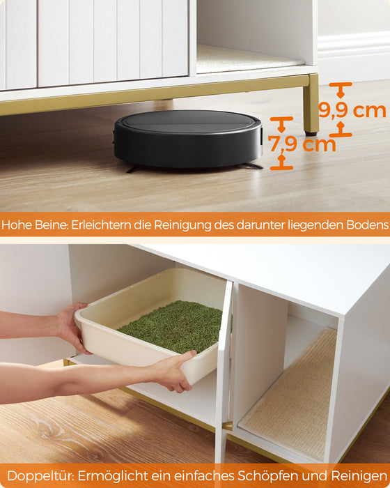 AUSLAUF FEANDREA | Katzenklo-Verkleidung, versteckt Katzenklo-Möbel mit Kratzmatte, hohe Beine, Katzenhaus, Beistelltisch, 80 x 50 x 55 cm, weiß und gold PCL007W01V1