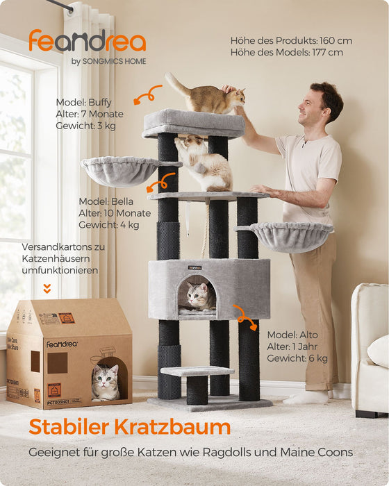 AUSLAUF FEANDREA | Kratzbaum for Large Cats, Heavy-Duty Katzenkratzbaum with Self-Warming Pads, 2 Self-Groomers, 9 Kratzstämme, Large Perch, Höhle, Baskets, 50 x 50 x 160 cm, Dove grau und Black PCT003W01