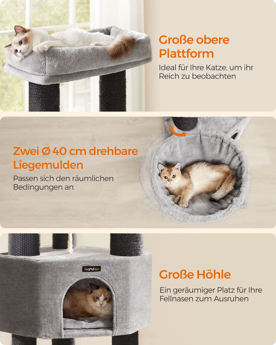 AUSLAUF FEANDREA | Kratzbaum for Large Cats, Heavy-Duty Katzenkratzbaum with Self-Warming Pads, 2 Self-Groomers, 9 Kratzstämme, Large Perch, Höhle, Baskets, 50 x 50 x 160 cm, Dove grau und Black PCT003W01