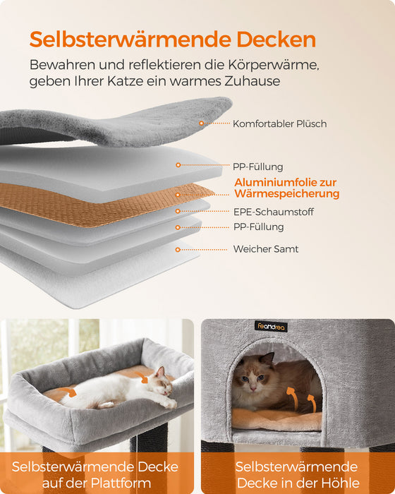 AUSLAUF FEANDREA | Kratzbaum for Large Cats, Heavy-Duty Katzenkratzbaum with Self-Warming Pads, 2 Self-Groomers, 9 Kratzstämme, Large Perch, Höhle, Baskets, 50 x 50 x 160 cm, Dove grau und Black PCT003W01