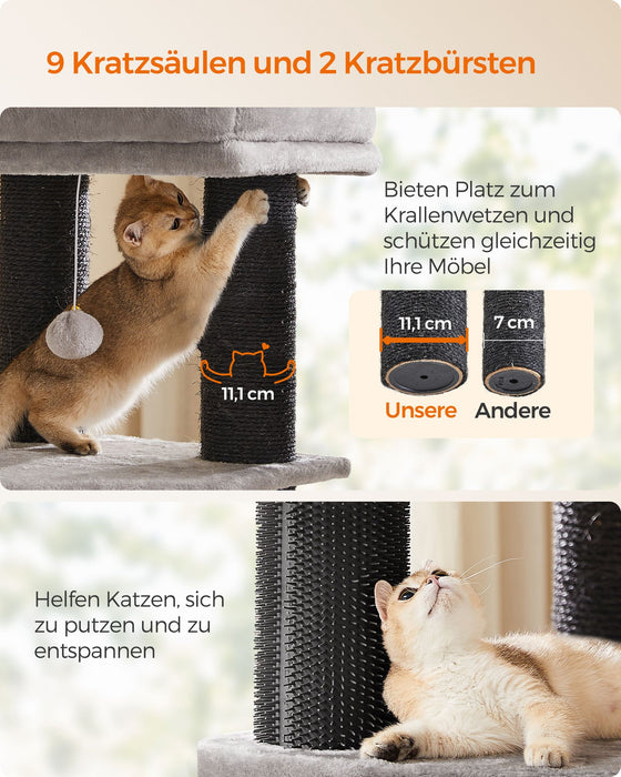 AUSLAUF FEANDREA | Kratzbaum for Large Cats, Heavy-Duty Katzenkratzbaum with Self-Warming Pads, 2 Self-Groomers, 9 Kratzstämme, Large Perch, Höhle, Baskets, 50 x 50 x 160 cm, Dove grau und Black PCT003W01