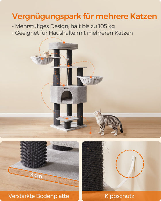 AUSLAUF FEANDREA | Kratzbaum for Large Cats, Heavy-Duty Katzenkratzbaum with Self-Warming Pads, 2 Self-Groomers, 9 Kratzstämme, Large Perch, Höhle, Baskets, 50 x 50 x 160 cm, Dove grau und Black PCT003W01
