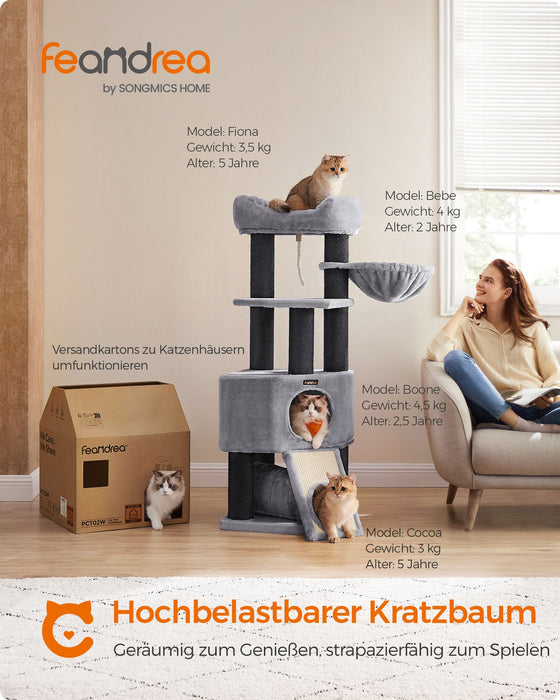 AUSLAUF FEANDREA | Kratzbaum, Large Katzenkratzbaum with Fluffy Plush Perch, Katzenhöhle with Basket Lounger und Cuddle Höhle, Extra Thick Posts Completely Wrapped in Black Sisal, Stable, Comfortable, Light grau PCT02W