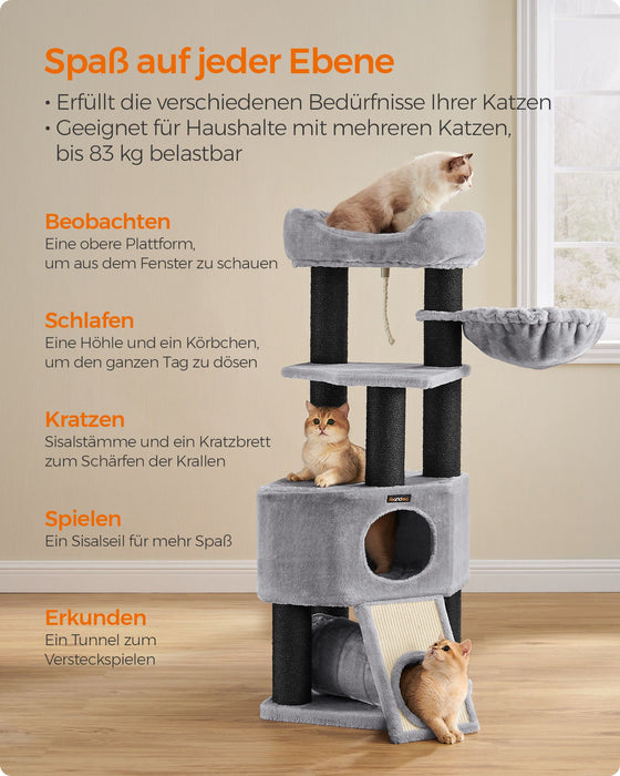 AUSLAUF FEANDREA | Kratzbaum, Large Katzenkratzbaum with Fluffy Plush Perch, Katzenhöhle with Basket Lounger und Cuddle Höhle, Extra Thick Posts Completely Wrapped in Black Sisal, Stable, Comfortable, Light grau PCT02W