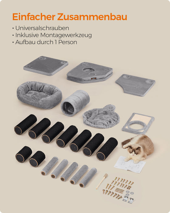 AUSLAUF FEANDREA | Kratzbaum, Large Katzenkratzbaum with Fluffy Plush Perch, Katzenhöhle with Basket Lounger und Cuddle Höhle, Extra Thick Posts Completely Wrapped in Black Sisal, Stable, Comfortable, Light grau PCT02W
