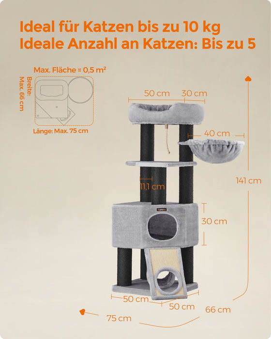 AUSLAUF FEANDREA | Kratzbaum, Large Katzenkratzbaum with Fluffy Plush Perch, Katzenhöhle with Basket Lounger und Cuddle Höhle, Extra Thick Posts Completely Wrapped in Black Sisal, Stable, Comfortable, Light grau PCT02W