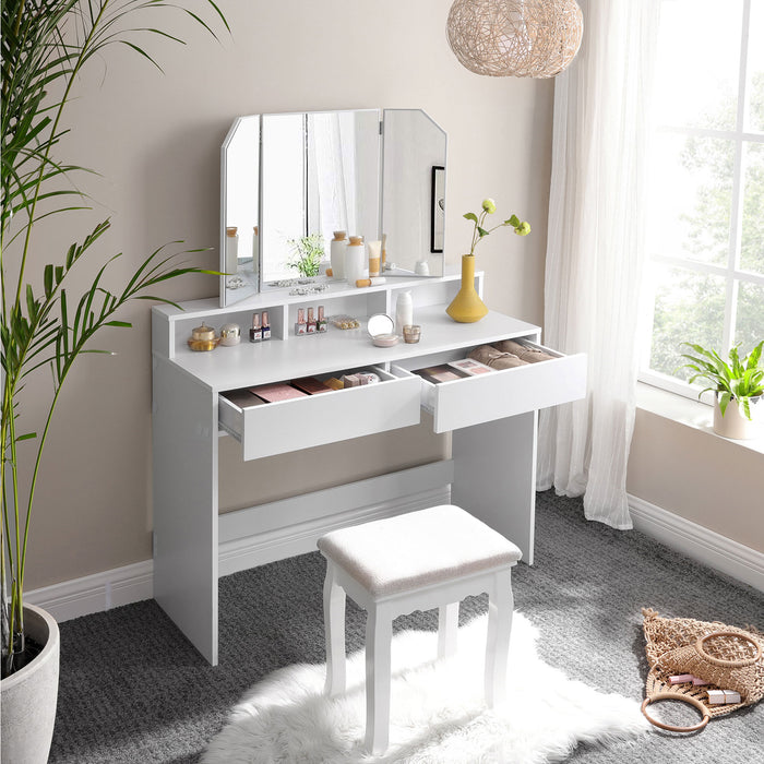 AUSLAUF VASAGLE | Dressing Table with Tri-Fold Mirror, Makeup Table with 2 Drawers und 3 Open Compartments, Vanity Table, Modern Style, weiß RDT115W01