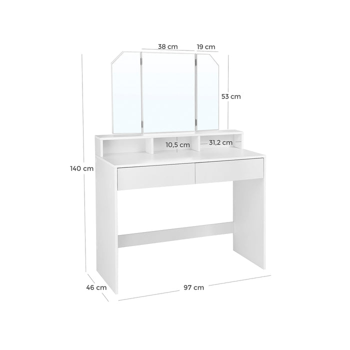 AUSLAUF VASAGLE | Dressing Table with Tri-Fold Mirror, Makeup Table with 2 Drawers und 3 Open Compartments, Vanity Table, Modern Style, weiß RDT115W01