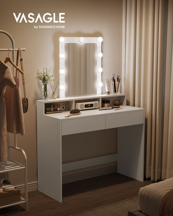 AUSLAUF VASAGLE | Dressing Table, LED Light with Adjustable Brightness, Makeup Table with Mirror, 2 Drawers und 3 Compartments, Makeup Station, Modern, weiß RDT164W01